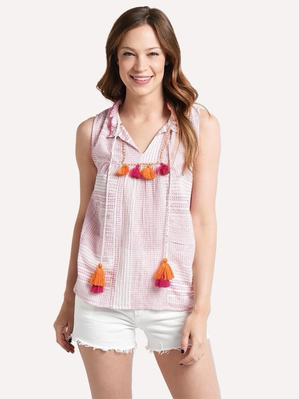 THML Gauzy Boho Tassel Peasant Top | 100% Cotton | Size Medium